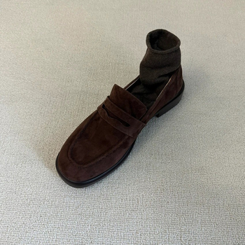 Premijum britanski ženski loaferi od nubuka s kvadratnim nosom, debeli pet, duboki otvor, za jesen i zimu.
