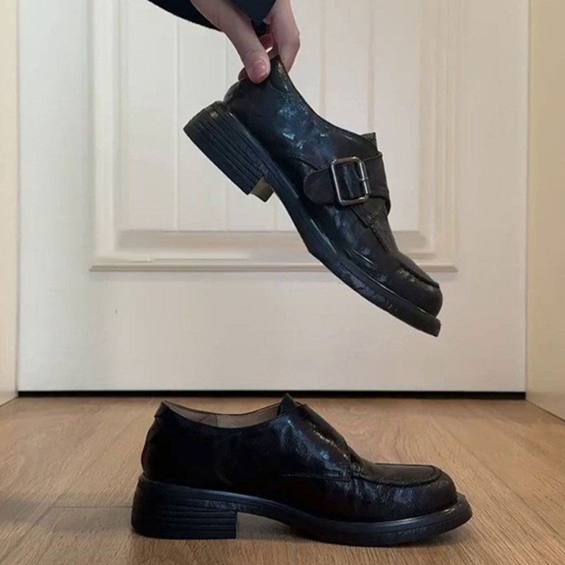 Proljeće 2026. Ženske kožne loaferice s debelim potplatom, udobne, protivklizne, retro stil s chunky petom, okrugli vrh