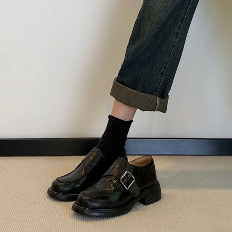 Proljeće 2026. Ženske kožne loaferice s debelim potplatom, udobne, protivklizne, retro stil s chunky petom, okrugli vrh