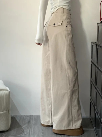 Ženske farmerice s širokim krojem za niske osobe – jesen, visoki struk, retro stil, denim s cargo džepovima