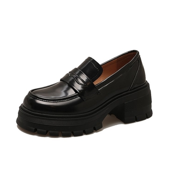 Smeđi ženski loaferi s debelim potplatom, retro britanski stil, PU gornji dio, zaobljen vrh, slip-on, za jesen i zimu