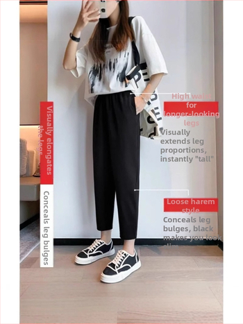Ženske crne hlače u stilu mrkve, visoki pojas, opušten kroj harém, cropped duljina, plus size, sportsko–opuštene hlače