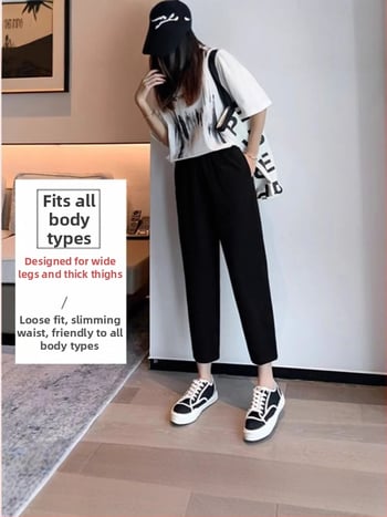 Ženske crne hlače u stilu mrkve, visoki pojas, opušten kroj harém, cropped duljina, plus size, sportsko–opuštene hlače