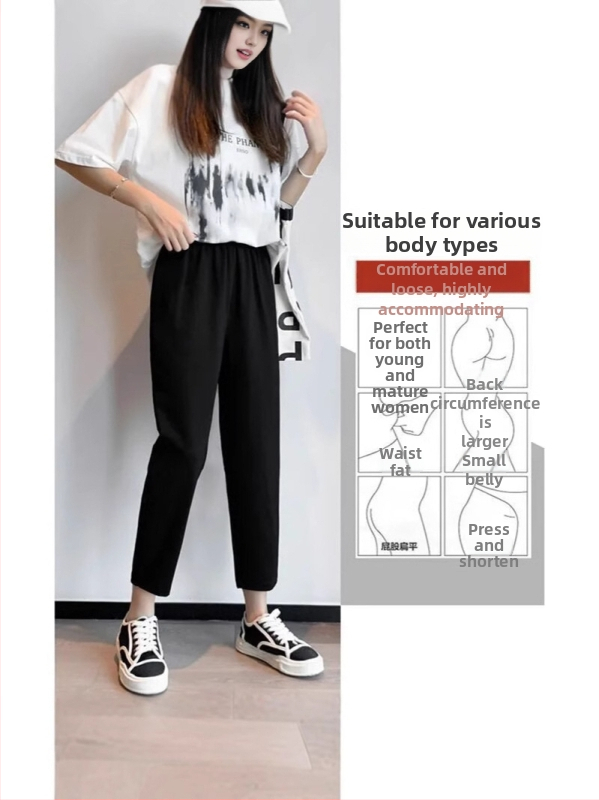 Ženske crne hlače u stilu mrkve, visoki pojas, opušten kroj harém, cropped duljina, plus size, sportsko–opuštene hlače