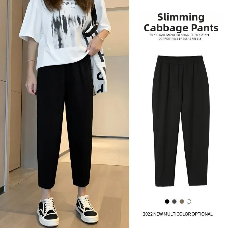Ženske crne hlače u stilu mrkve, visoki pojas, opušten kroj harém, cropped duljina, plus size, sportsko–opuštene hlače