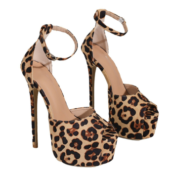 Дамски плюс размер сандали с леопардов принт, цветово блокирани панели, една презрамка, висок ток, 35-42