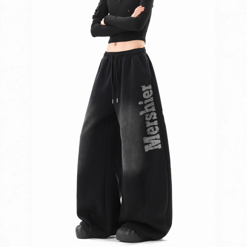 Crne jogger hlače s gradijentnim pranjem i vintidž tiskom slova, za žene, jesen, gradski retro stil, udoban, široke nogavice
