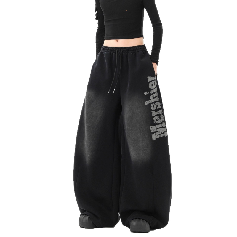Crne jogger hlače s gradijentnim pranjem i vintidž tiskom slova, za žene, jesen, gradski retro stil, udoban, široke nogavice
