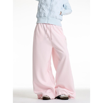 Ružičaste fleece široke hlače za žene, elastičan pojas, casual stil