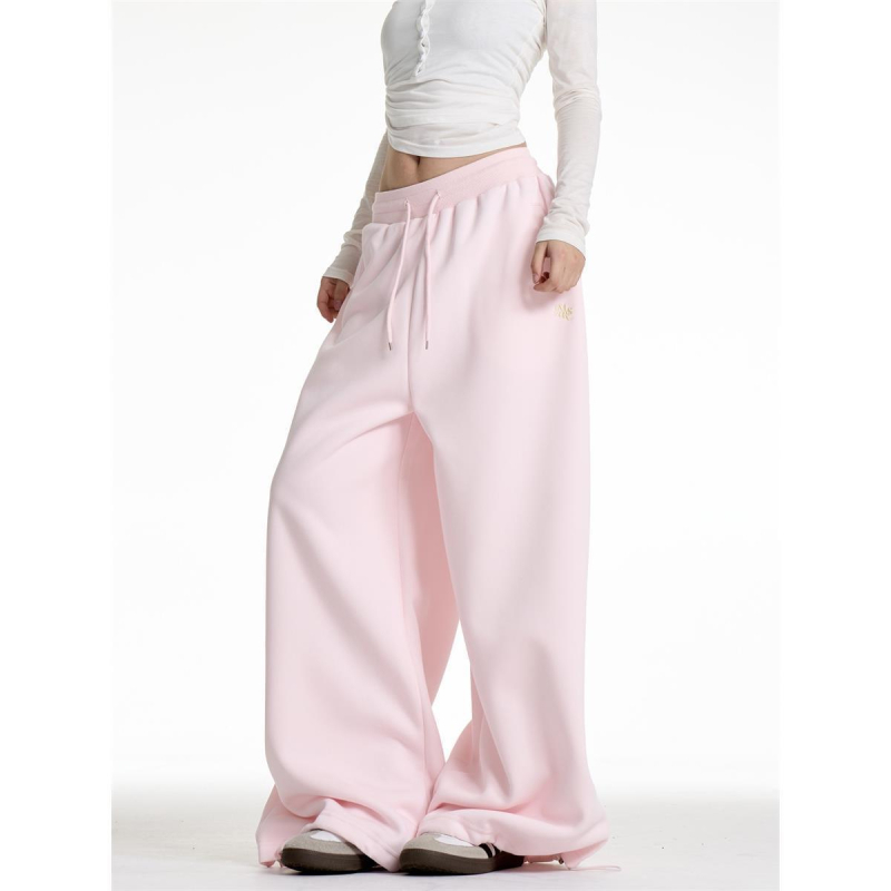 Ružičaste fleece široke hlače za žene, elastičan pojas, casual stil