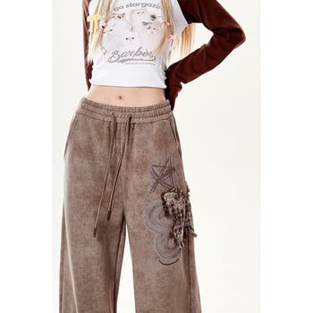 Smeđe ženske trenerke hlače s aplikacijom leptira, s flisom unutra, jesen-zima, američki vintage casual stil, udoban slobodan kroj, široke nogavice