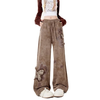 Smeđe ženske trenerke hlače s aplikacijom leptira, s flisom unutra, jesen-zima, američki vintage casual stil, udoban slobodan kroj, široke nogavice
