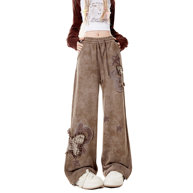 Smeđe ženske trenerke hlače s aplikacijom leptira, s flisom unutra, jesen-zima, američki vintage casual stil, udoban slobodan kroj, široke nogavice