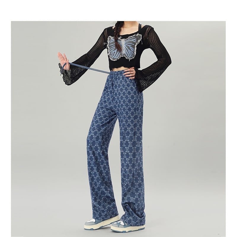 Ženske hlače s visokim strukom, denim-look otisak, širokih nogavica, šnira, ljetni casual sportski stil