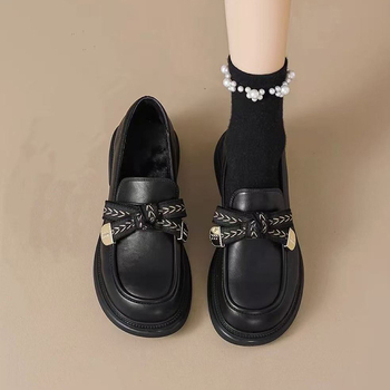 Ženske loaferice s mašnicom, ljetni model 2025, debela potplat, britanski stil, PU koža, crne