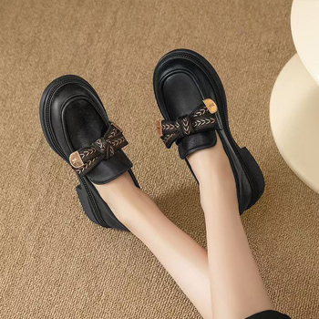 Ženske loaferice s mašnicom, ljetni model 2025, debela potplat, britanski stil, PU koža, crne