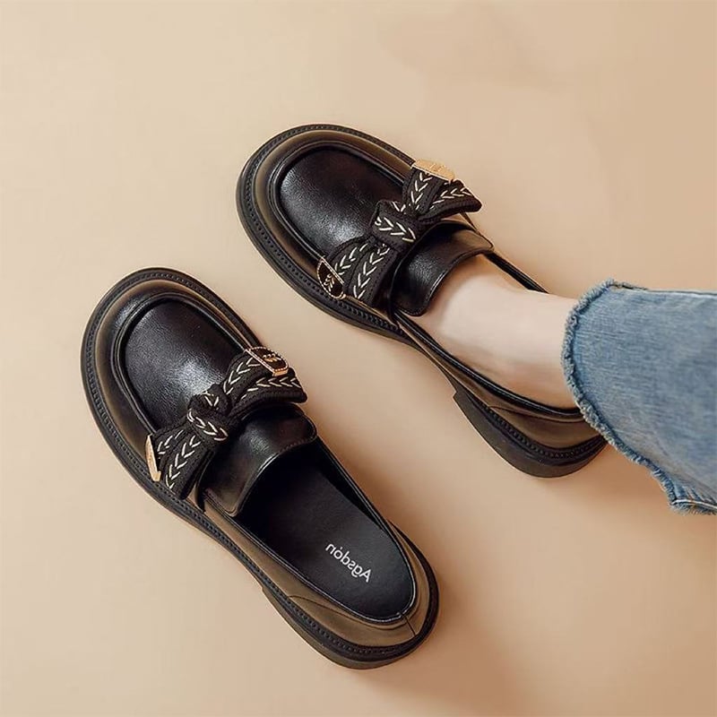 Ženske loaferice s mašnicom, ljetni model 2025, debela potplat, britanski stil, PU koža, crne