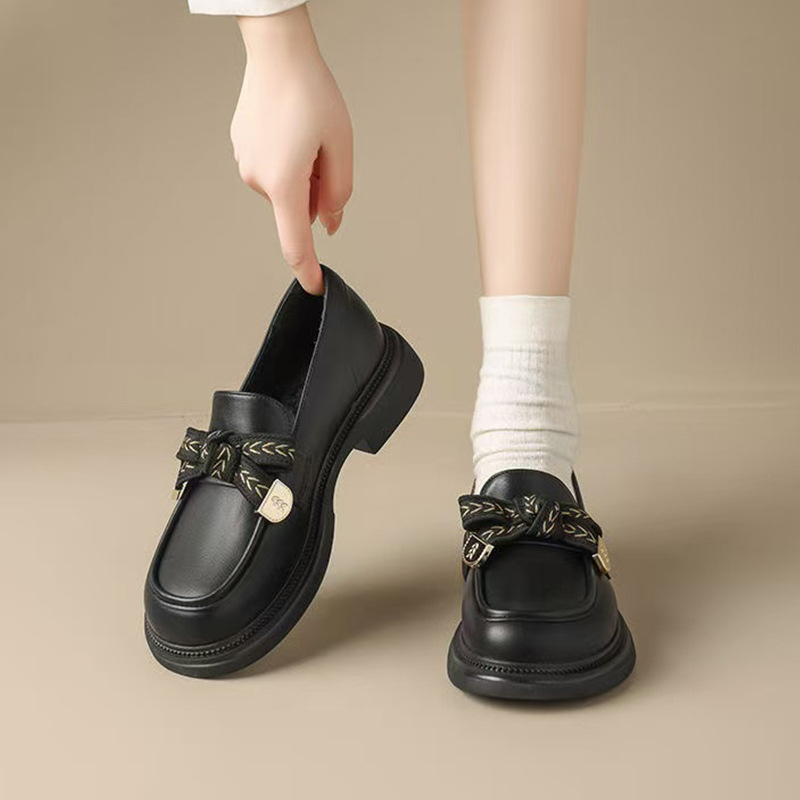 Ženske loaferice s mašnicom, ljetni model 2025, debela potplat, britanski stil, PU koža, crne