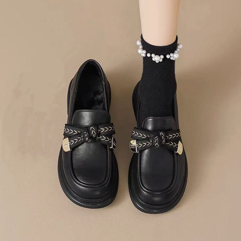 Ženske loaferice s mašnicom, ljetni model 2025, debela potplat, britanski stil, PU koža, crne