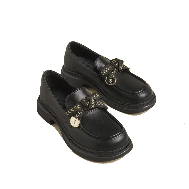 Ženske loaferice s mašnicom, ljetni model 2025, debela potplat, britanski stil, PU koža, crne