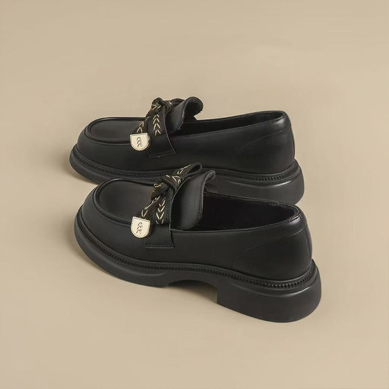 Ženske loaferice s mašnicom, ljetni model 2025, debela potplat, britanski stil, PU koža, crne
