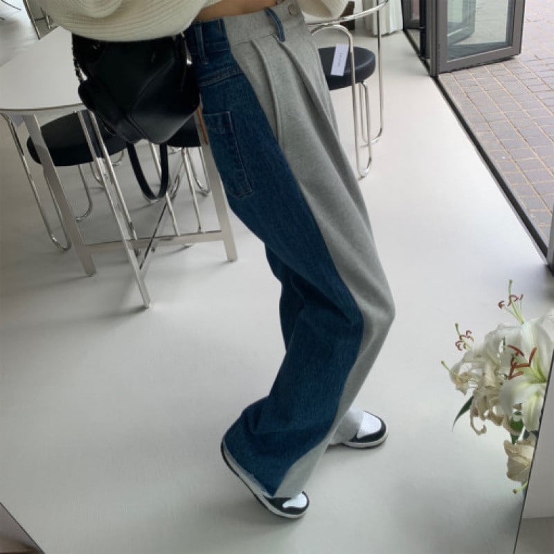 Ženske traperice s visokim strukom i širokim krojem, kontrastni paneli, retro korejski stil za jesen i zimu