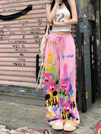 Roze široke ženske hlače za ljeto, visokim strukom, grafiti otisak, casual hlače