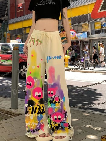 Roze široke ženske hlače za ljeto, visokim strukom, grafiti otisak, casual hlače