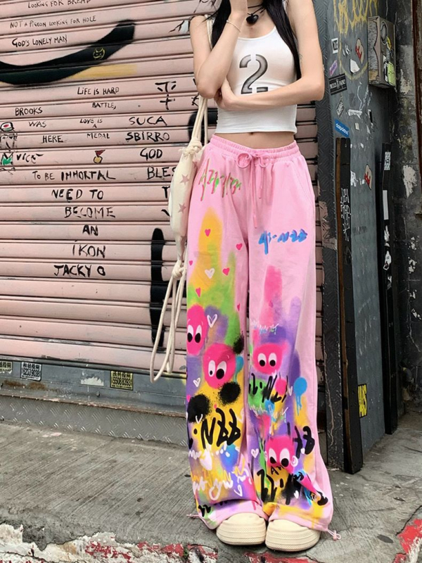 Roze široke ženske hlače za ljeto, visokim strukom, grafiti otisak, casual hlače