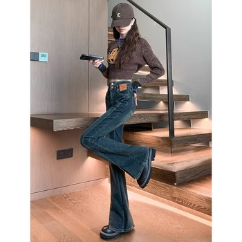 Ženske hlače visokog struka cementno siva, uski kroj, oprani denim, američki stil, proljeće i jesen