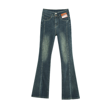 Ženske hlače visokog struka cementno siva, uski kroj, oprani denim, američki stil, proljeće i jesen