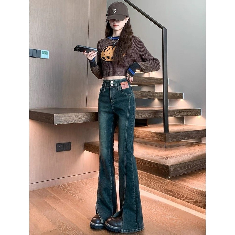Ženske hlače visokog struka cementno siva, uski kroj, oprani denim, američki stil, proljeće i jesen
