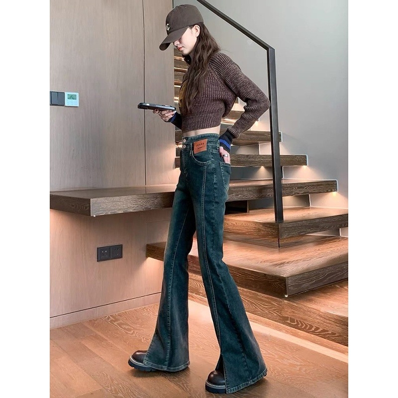 Ženske hlače visokog struka cementno siva, uski kroj, oprani denim, američki stil, proljeće i jesen