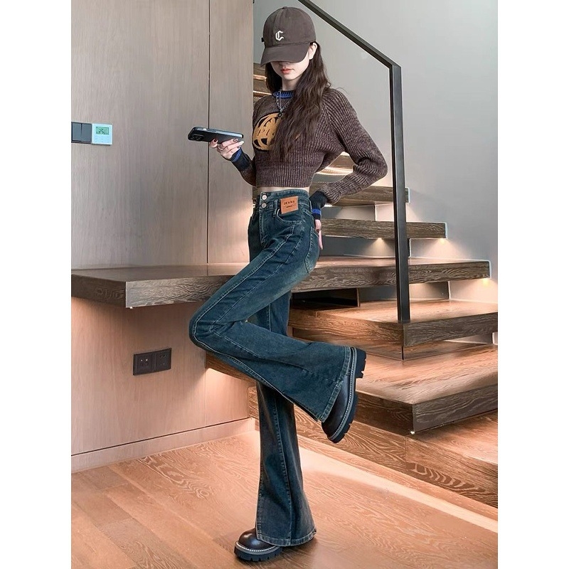 Ženske hlače visokog struka cementno siva, uski kroj, oprani denim, američki stil, proljeće i jesen