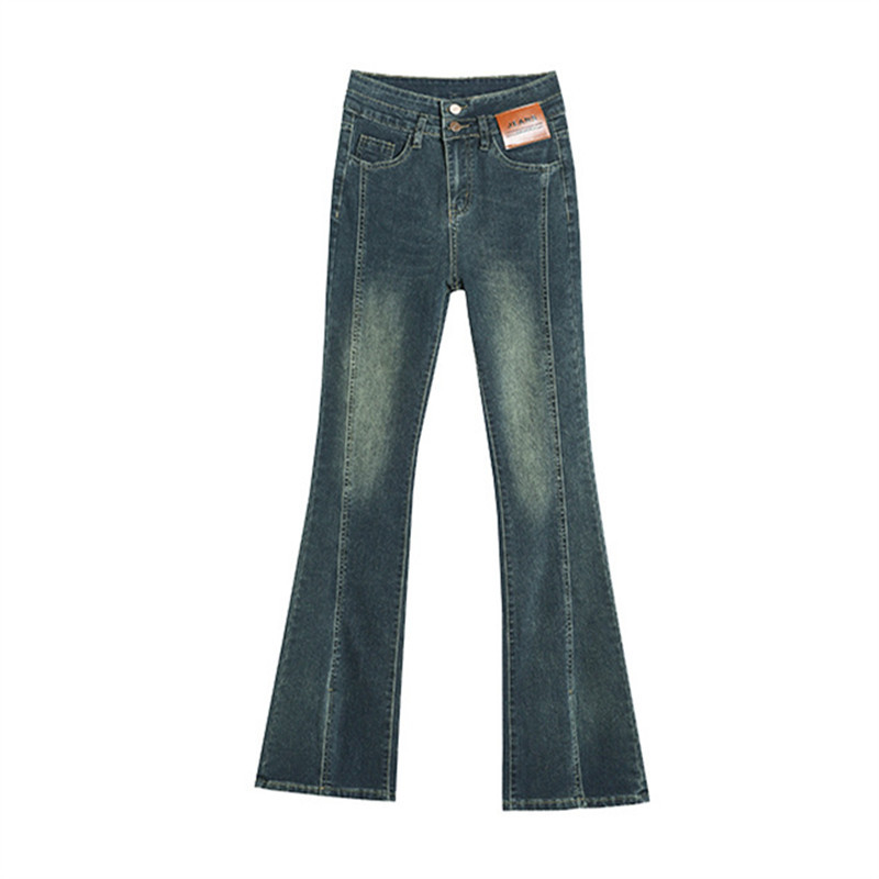Ženske hlače visokog struka cementno siva, uski kroj, oprani denim, američki stil, proljeće i jesen
