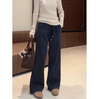 Damske karirane hlače s visokim strukom, širokim krojem, ravna silueta, casual stil