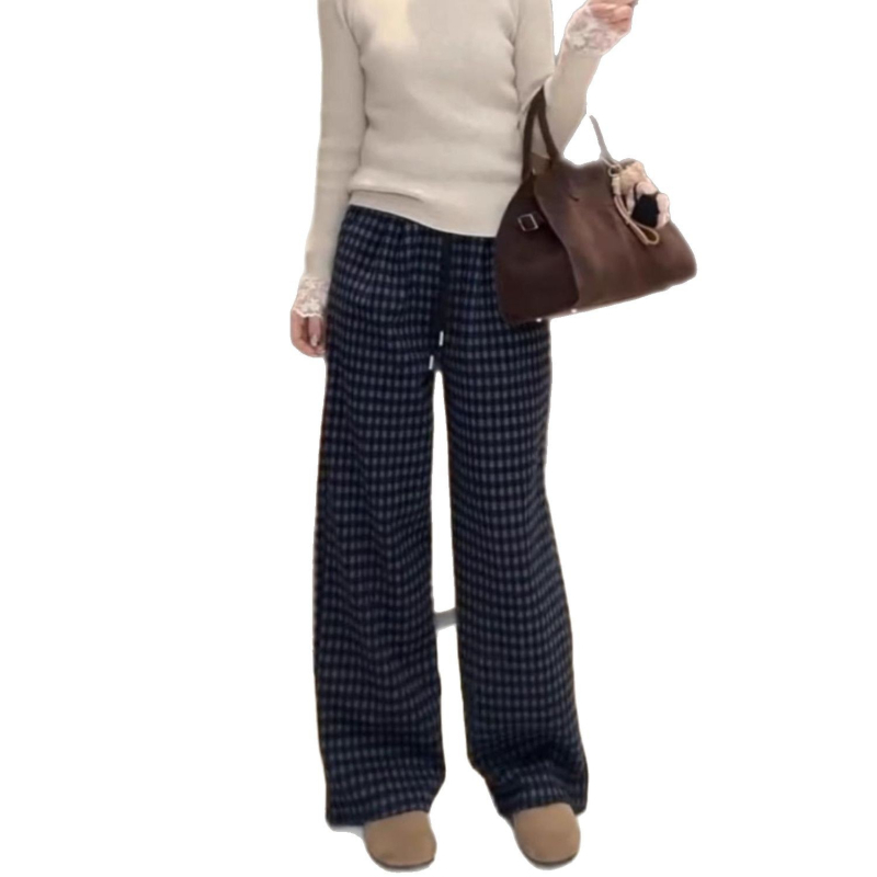 Damske karirane hlače s visokim strukom, širokim krojem, ravna silueta, casual stil
