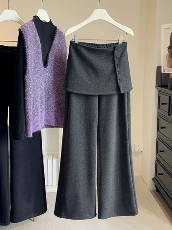 Ženske casual hlače s fleece podstavom, debele i s odvojivim dijelom, zimski model u korejskom stilu, slojeviti izgled, elegantne i zoštitavajuće zvonaste hlače