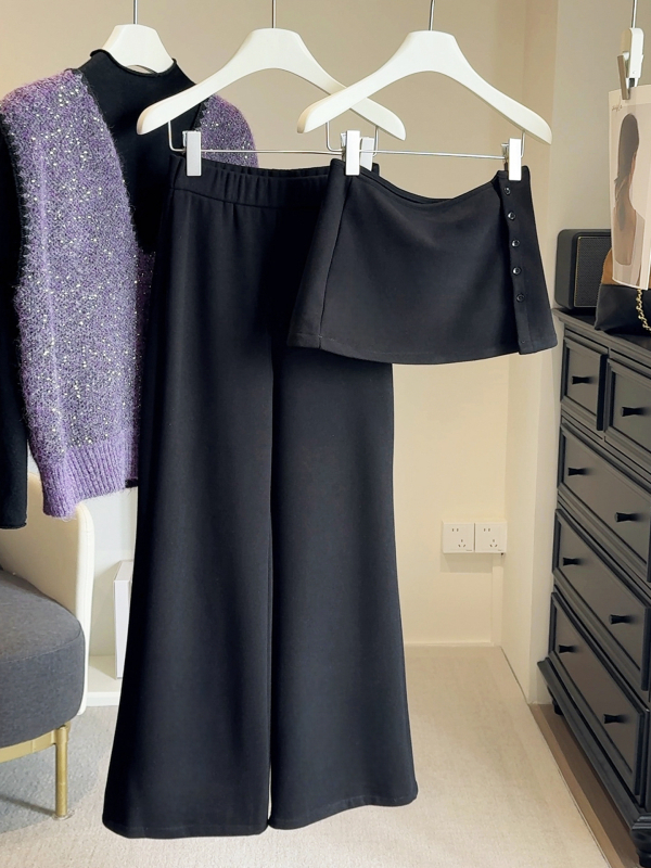 Ženske casual hlače s fleece podstavom, debele i s odvojivim dijelom, zimski model u korejskom stilu, slojeviti izgled, elegantne i zoštitavajuće zvonaste hlače