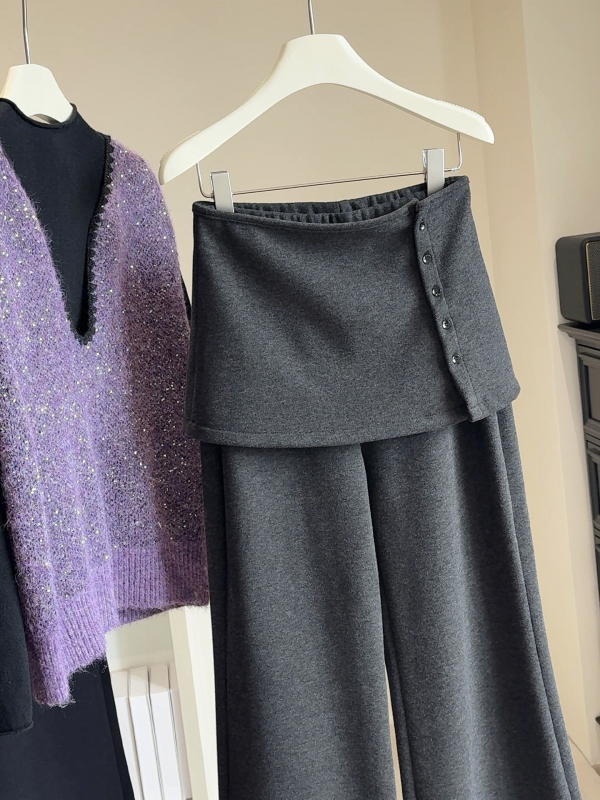 Ženske casual hlače s fleece podstavom, debele i s odvojivim dijelom, zimski model u korejskom stilu, slojeviti izgled, elegantne i zoštitavajuće zvonaste hlače