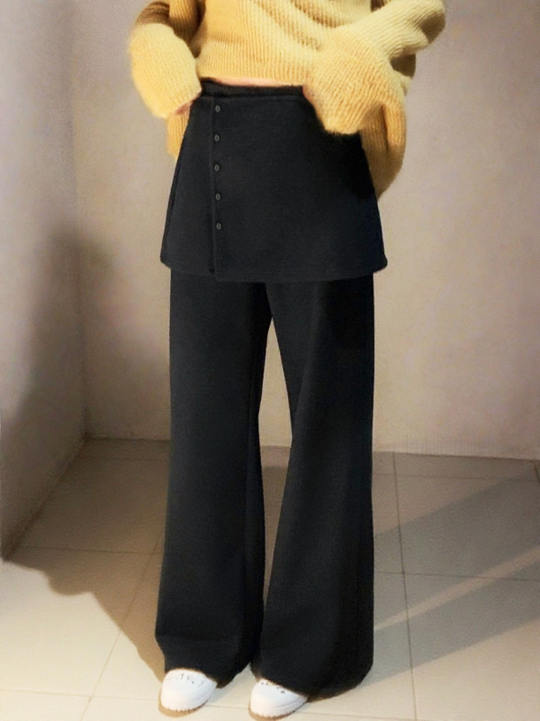 Ženske casual hlače s fleece podstavom, debele i s odvojivim dijelom, zimski model u korejskom stilu, slojeviti izgled, elegantne i zoštitavajuće zvonaste hlače