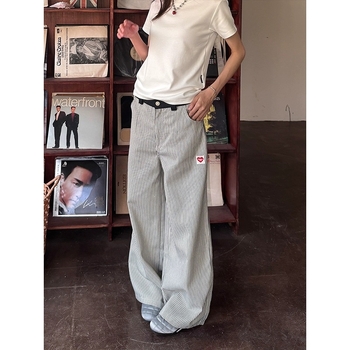 Ženske hlače s izvezenim srcem in vertikalnimi prugama, retro američki stil, casual hlače ravnog kroja s blagim padom