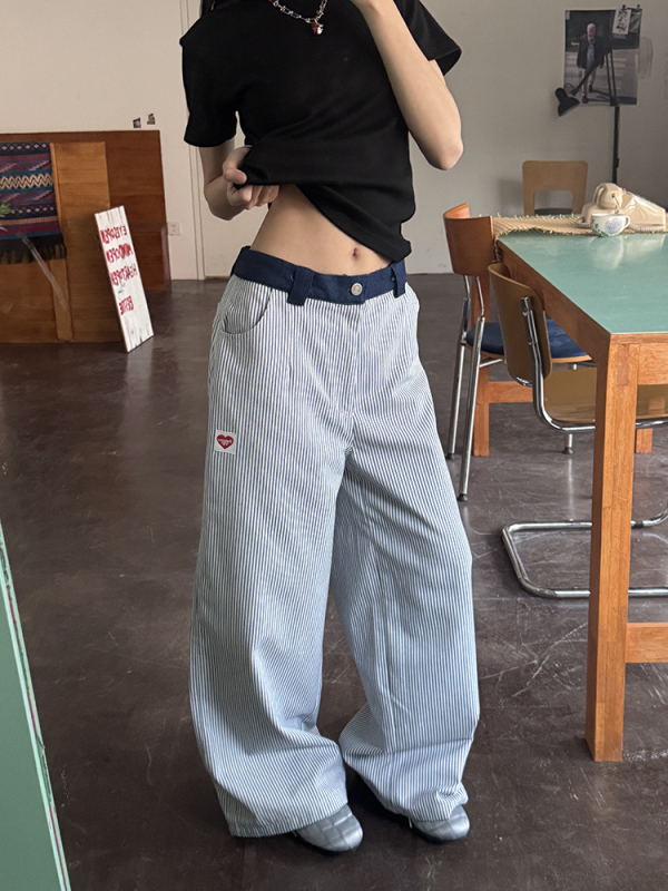 Ženske hlače s izvezenim srcem in vertikalnimi prugama, retro američki stil, casual hlače ravnog kroja s blagim padom