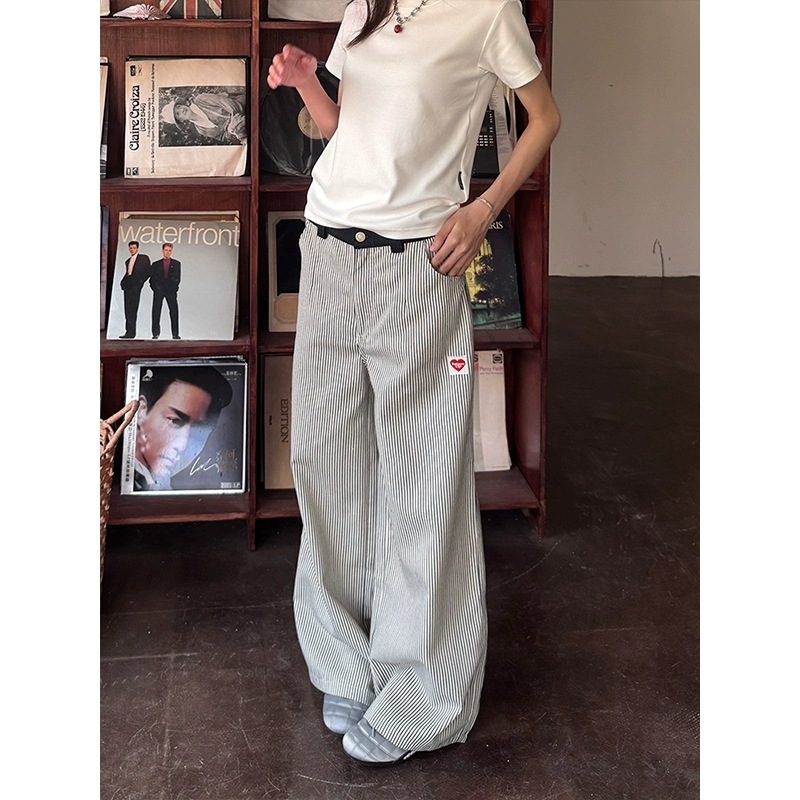Ženske hlače s izvezenim srcem in vertikalnimi prugama, retro američki stil, casual hlače ravnog kroja s blagim padom