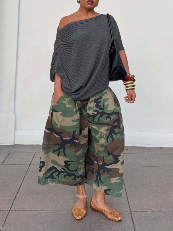 M80827 Ženske kamuflažne cargo hlače, slobodnog kroja, širokih nogavica, svakodnevni streetwear, zapadni stil
