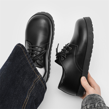 Muške cipele od prave kože za jesen, prozračna, britanski stil, s debelim potplatom, crne, protuklizne