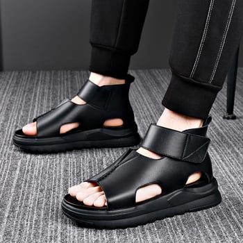 Muške kožne sandale visokog kroja, rimski stil, otvoreni prst, mekani đon, prozračne, s Velcro kopčom