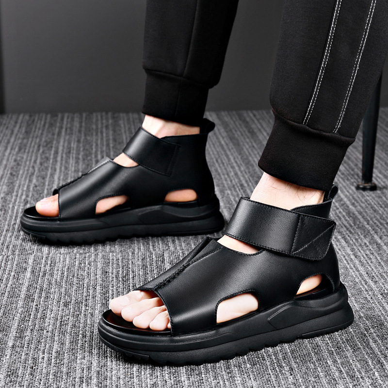 Muške kožne sandale visokog kroja, rimski stil, otvoreni prst, mekani đon, prozračne, s Velcro kopčom