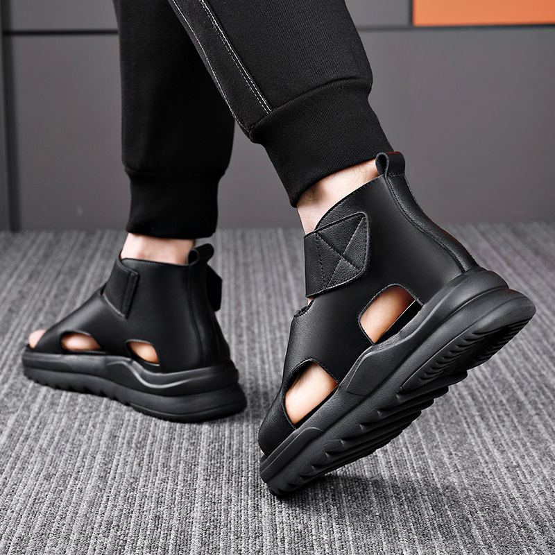 Muške kožne sandale visokog kroja, rimski stil, otvoreni prst, mekani đon, prozračne, s Velcro kopčom