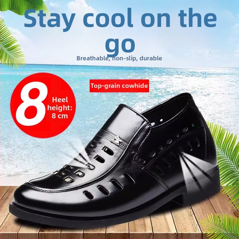 Sandale bărbați din piele naturală, cu creștere în înălime de 8 cm, ridicare ascunsă și design decupat